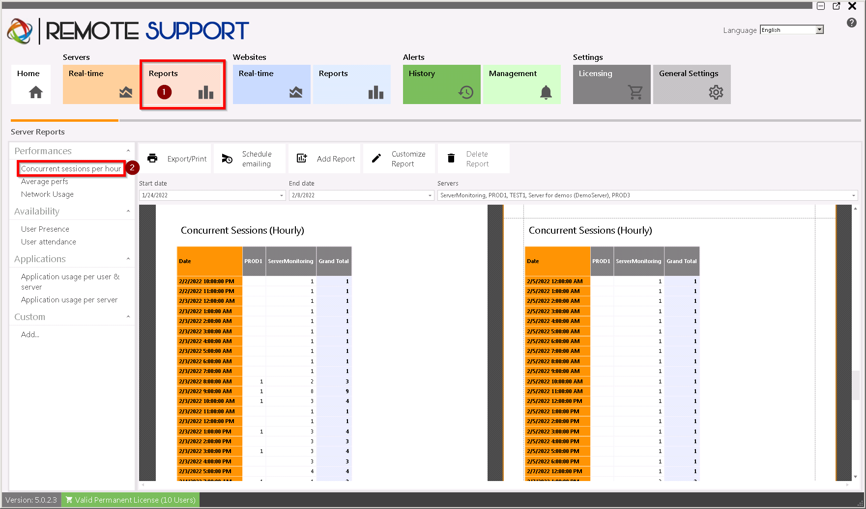 Server Concurrent sessions Screenshot