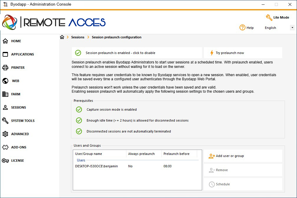 Session prelaunch configuration menu