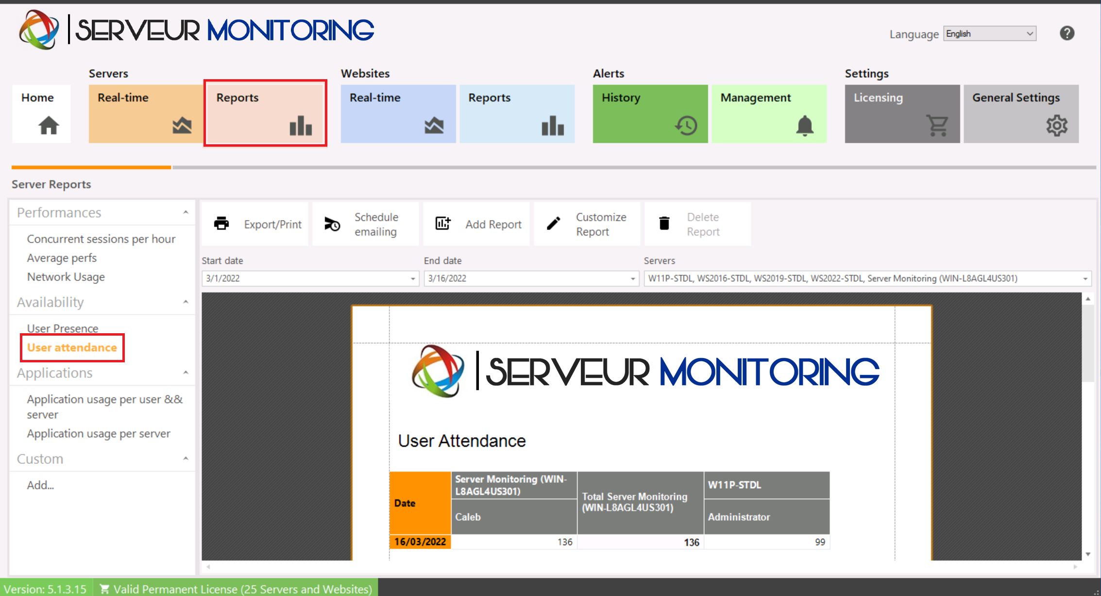 Server User Attendance Report Screenshot