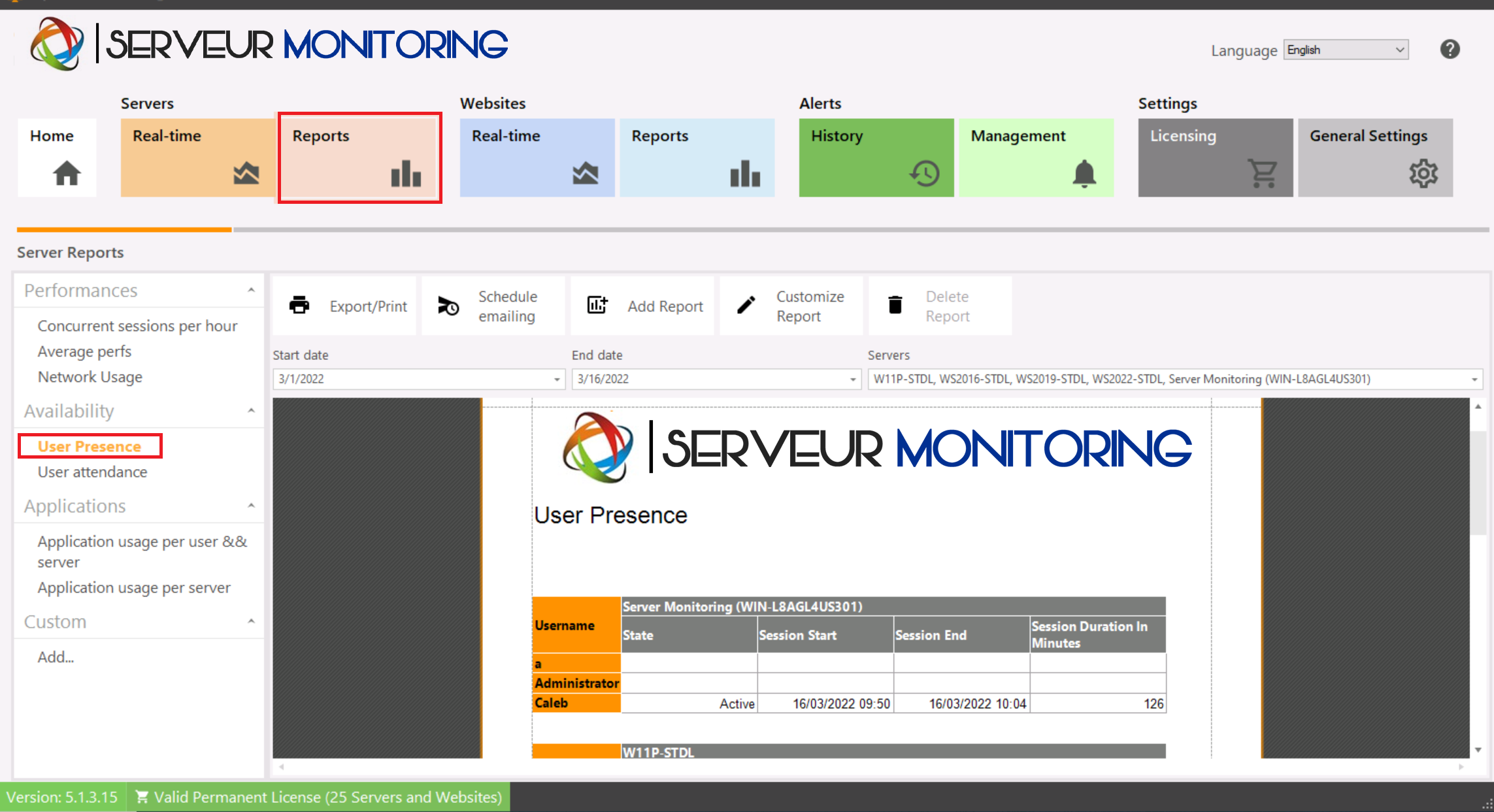 Server User Presence Report Screenshot